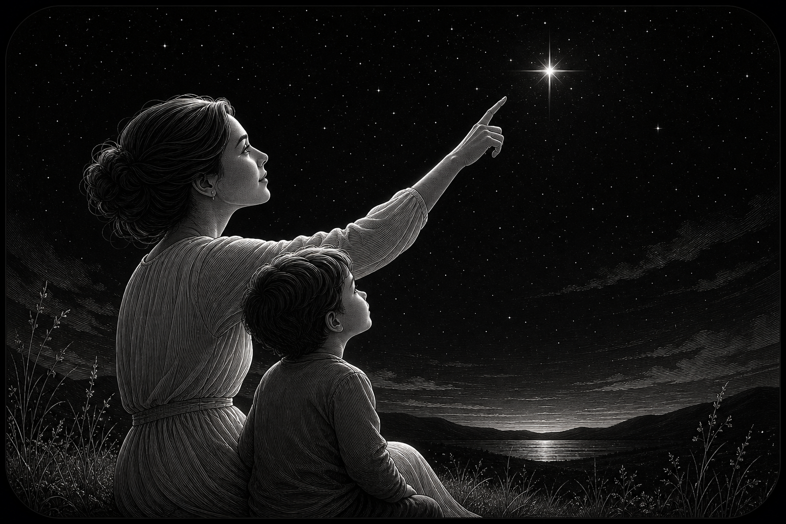 Black and white cinematic illustration of a mother showing a star to her child